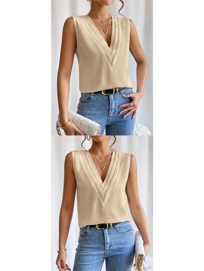 European and American Women's Summer V-Neck Layered Solid Color Top