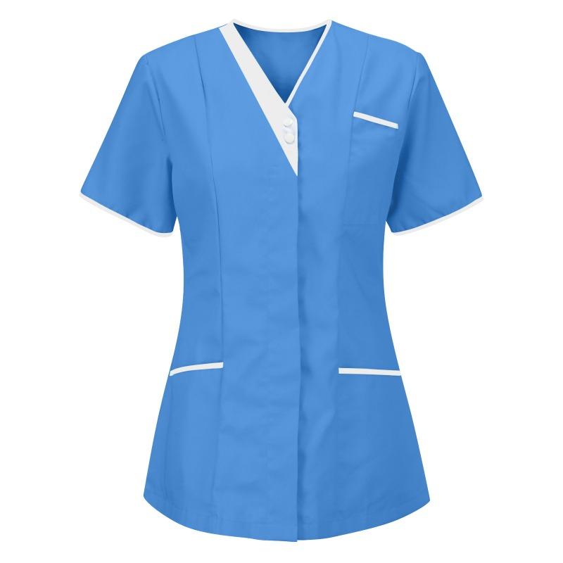 Women Solid Color Short-Sleeve V-neck Top Nurse Work Uniform Pocket Top