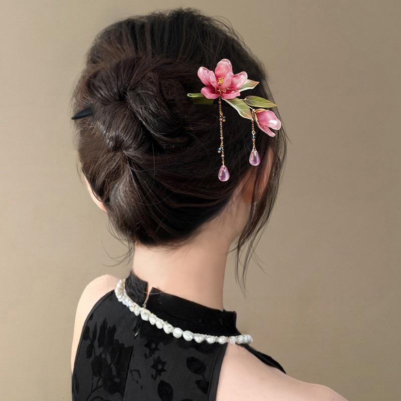 Floral Hair Stick Chinese Hairpin, Pink Flower Tassel Retro Traditional Hanfu Elegant Hair Accessory For Women Daily Party