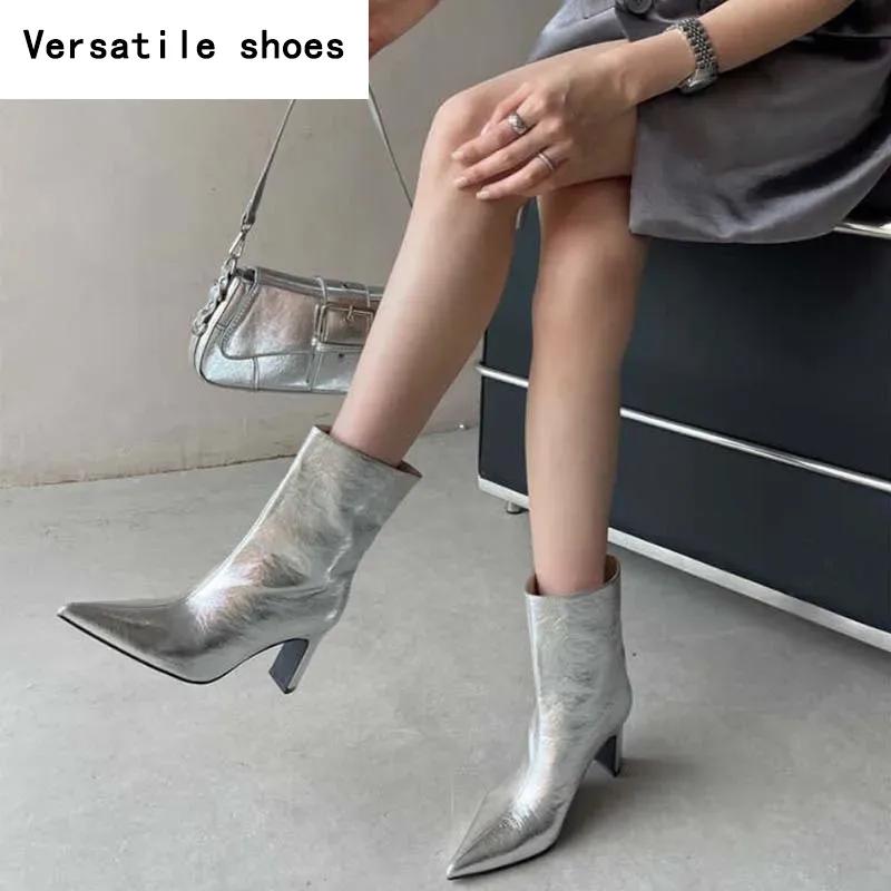 Stil Stradal Botine de Damă cu Vârf Ascuțit, Mărimi Mari, Toc Pătrat la Modă, Pantofi de Petrecere, Prom, Botine Scurte Concise pentru Doamne