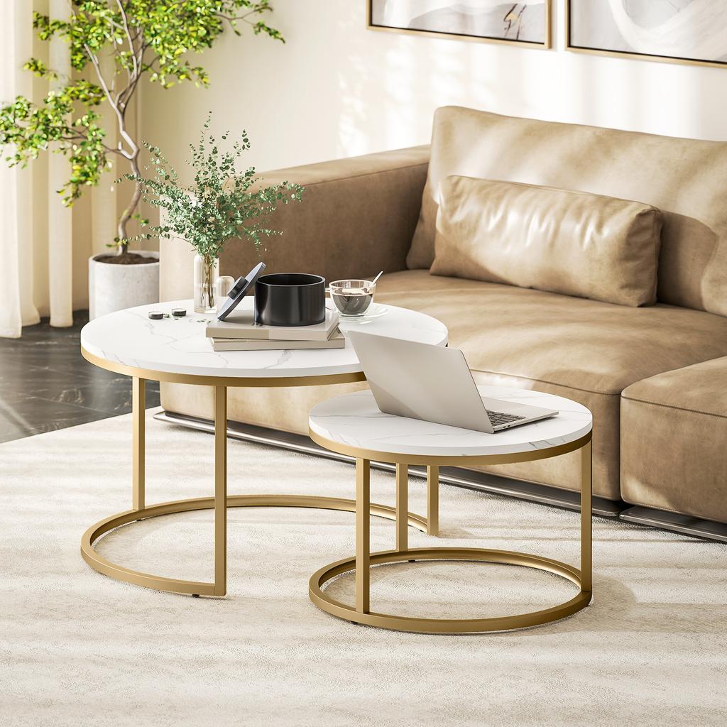 Set of 2 Stackable Nesting Coffee Tables, Industrial Design, Cement-imitation Top, White Metal Legs
