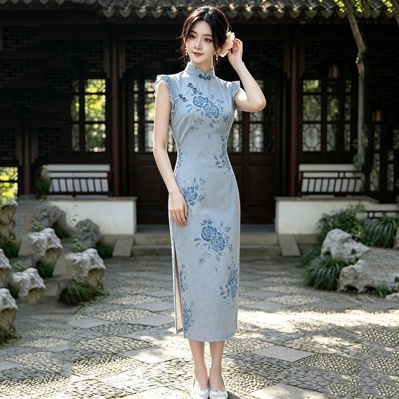 Sleeveless blue national style new Chinese style Suzhou long cheongsam improved young 1011 new women's high sense daily