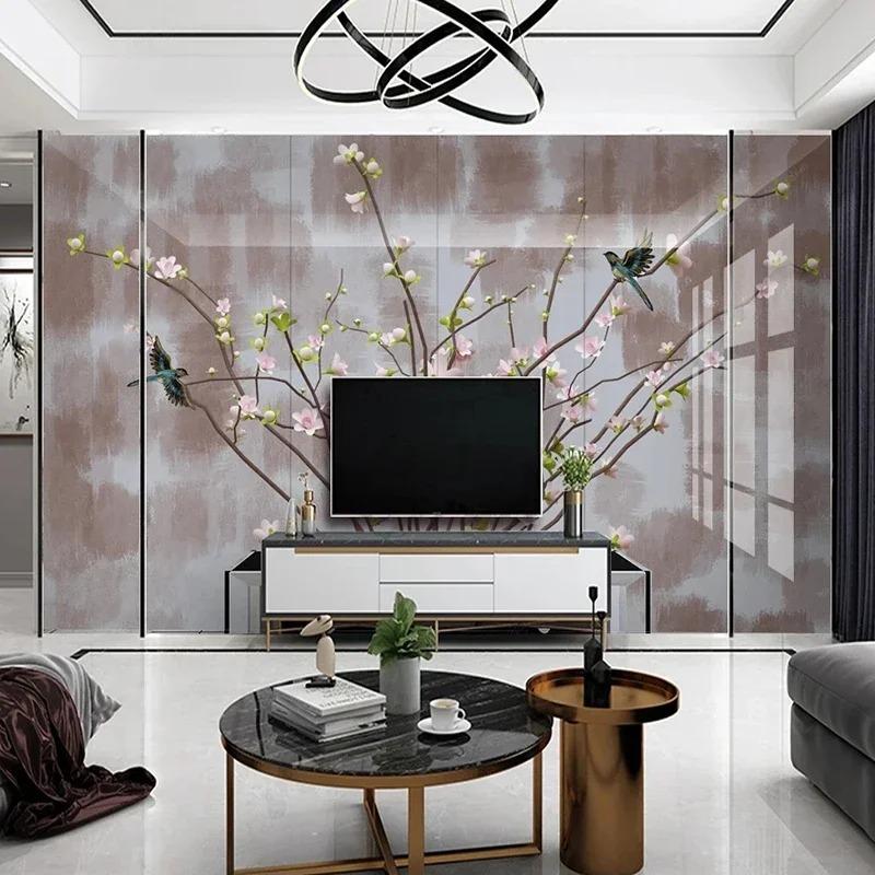 Photo Wallpaper Chinese Hand-painted Pink Flowers Murals Living Room TV Sofa Background Wall Painting 3D Decor Fresco