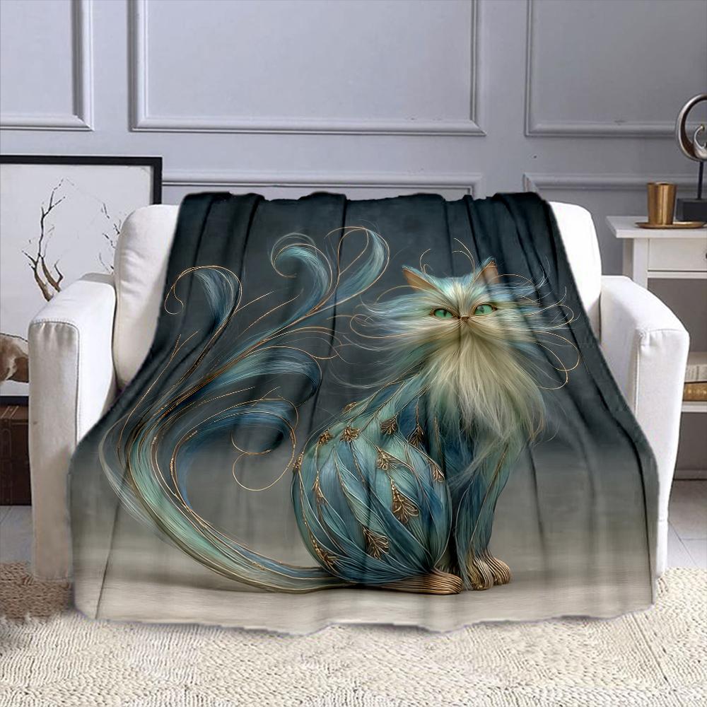 Elegant Blue Fantasy Cat Design Patterned Flannel Blanket Perfect for the Bedroom Living Room, Sofa, or a Little Nap