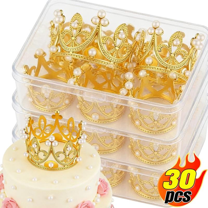 Mini Pearl Crown Cake Decoration Gold Silver Cupcake Topper Kids Hair Ornaments DIY Cake Baking Birthday Party Favors Supplies