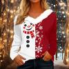 Women's Casual Long Sleeve Christmas Print V-Neck Top with Plush Collar for Holiday Wear