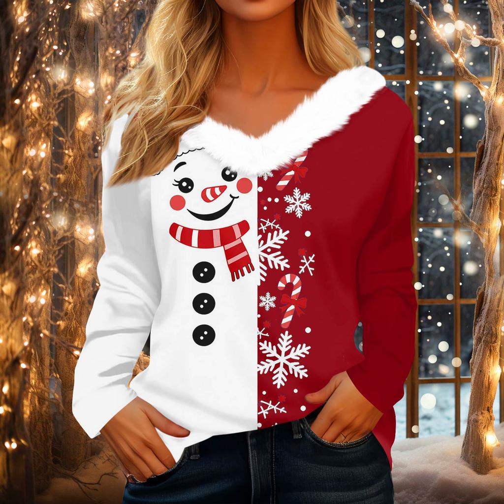 Women's Casual Long Sleeve Christmas Print V-Neck Top with Plush Collar for Holiday Wear