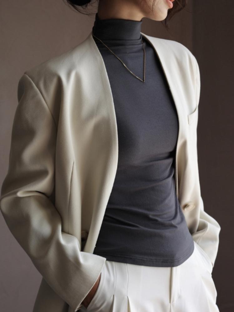 Košile s polovičním límečkem s dlouhým rukávem Ženy Sexy zkrácené topy podzimní černá ležérní vyztužená štíhlá základní dámská trička