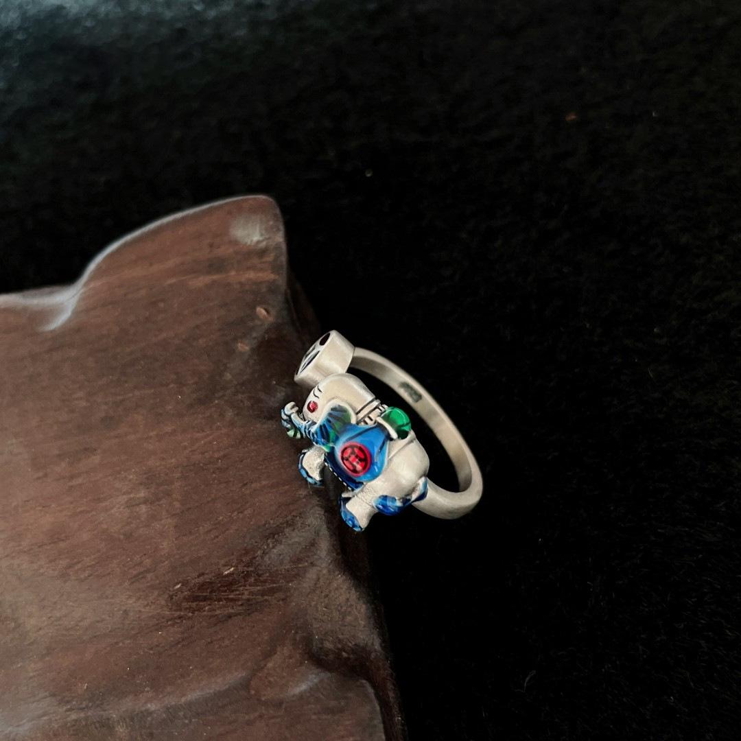 Sterling Silver Enamel Retro Elephant Ring - Chinese Style Unisex Design