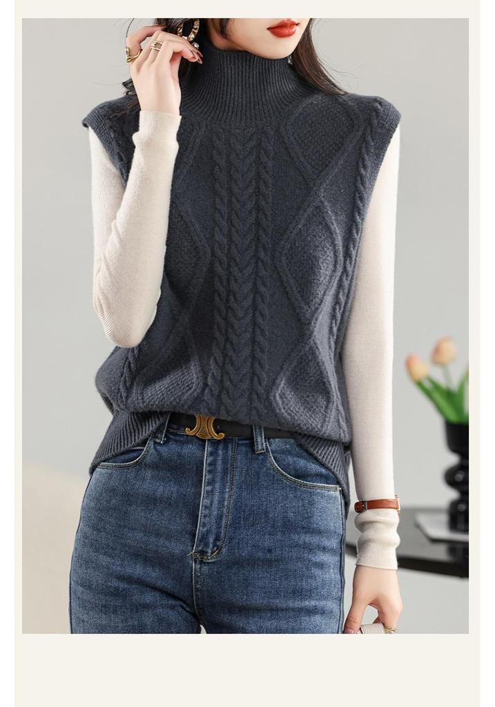 Women's Double-Sided Wool Vest Cardigan - New Autumn/Winter Half-High Neck Layering Knitwear.