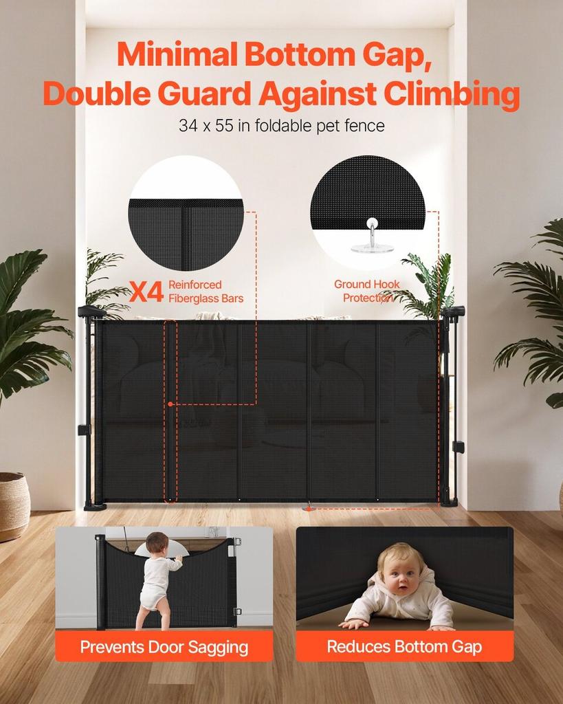 Retractable Baby Gate 870 mm Tall Extend to 1400 mm Wide Kids Pets Black