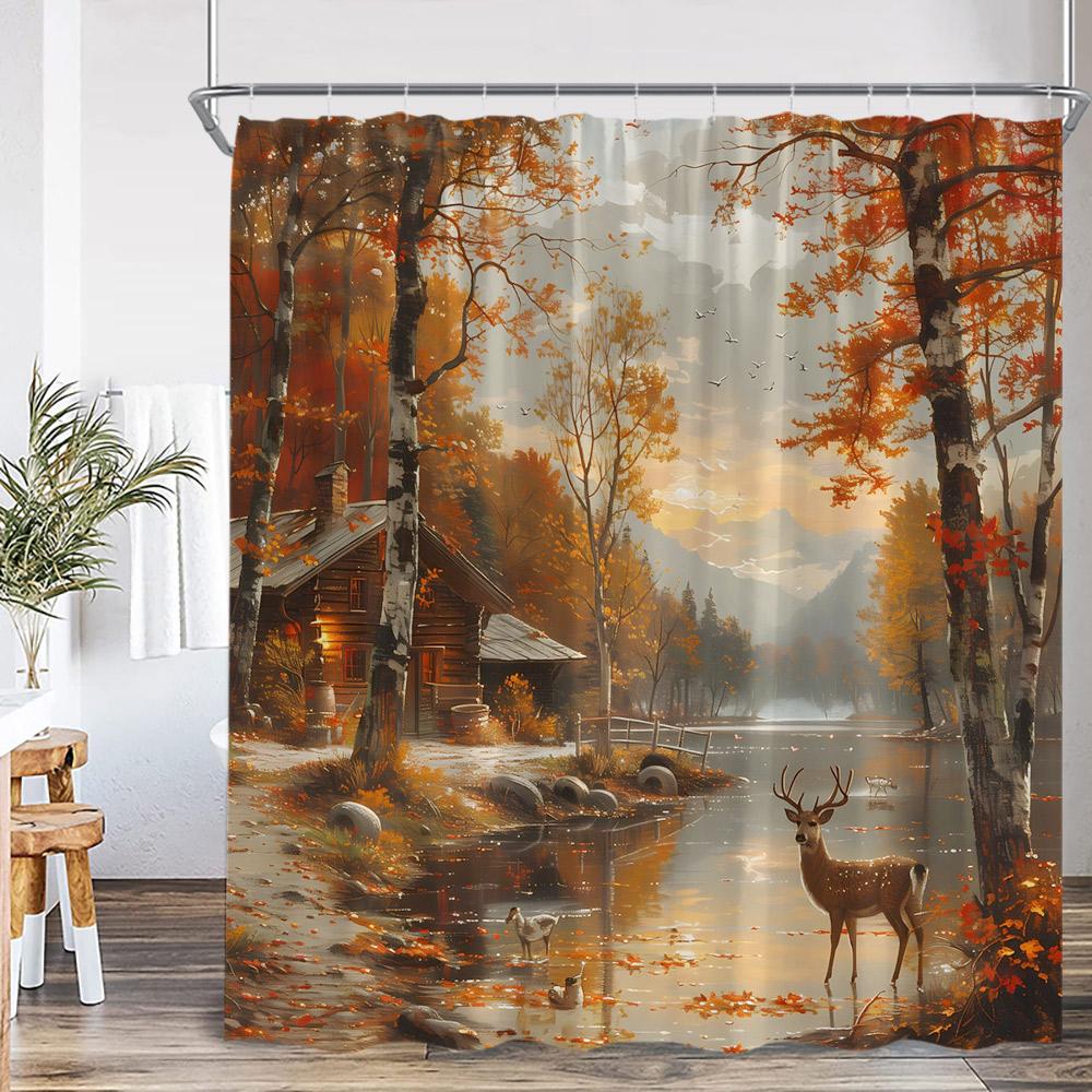 Deer Autumn Scenery Shower Curtain Maple Tree Cabin Stream Mountains Nature Landscape Polyester Bathtub Curtain Bath Decorations