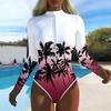 Women Long Sleeve One Piece Swimsuit Zip Front  Island Print Rash Guard Surfing Bathing Suit
