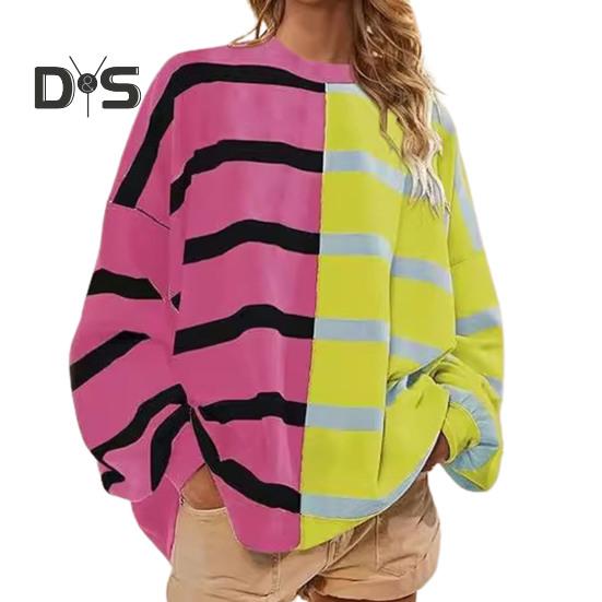 

Осенне-весенний женский свитшот с цветным полосатым принтом и круглым вырезом, свободный трикотажный свитер средней длины, повседневная одежда, топ M розовый