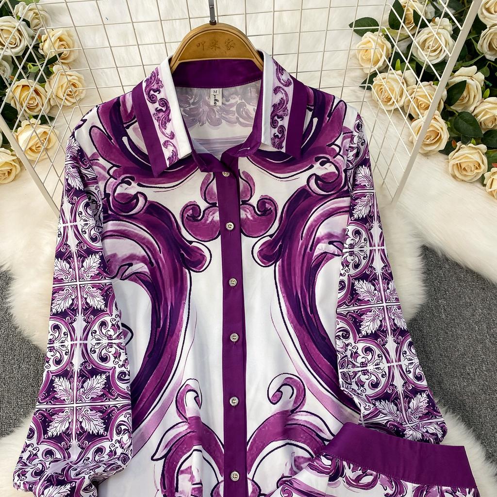 Spring Autumn Vintage Designer Print Runway Trouser 2 Piece Set Women Turn-down Collar Shirt And Elastic Waist Pocket Pant Suit