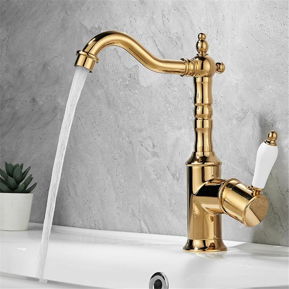 Antik brons handfat kran Guld badrumskran Däckmonterad Svart kökskran diskbänk kran Varm Kall Krom handfat Kran Mässing