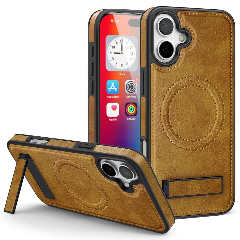 For iPhone 16 Plus Case Compatible with MagSafe with Folded Kickstand PC Silicone Leather Phone Back Cover
