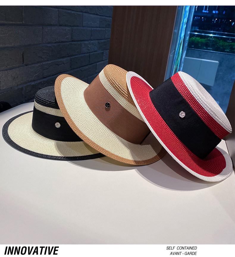 Damen Color-Block Britischer Retro Flacher Strohhut Sommer Sonnenschutz Sonnenschirm Urlaub Strand Zylinderhut