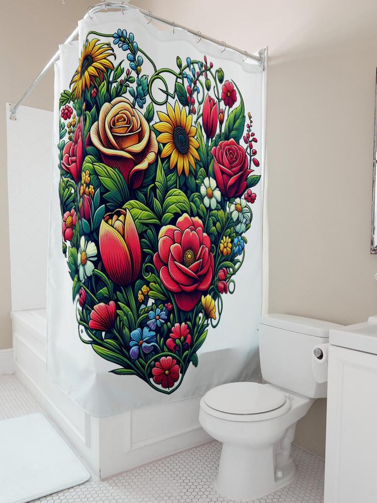 Elegant Floral Heart Design Shower Curtain - Waterproof, Mildew-Resistant, Machine Washable For Romantic Bathroom Decor