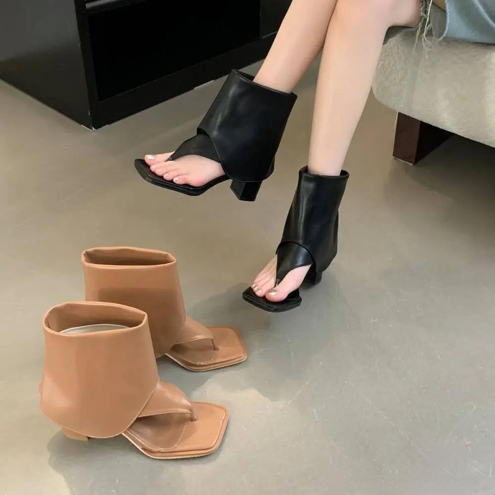 Absätze Damen Moderne Sandalen Stiefeletten Schuhe Mode Quadratische Zehenspitze Damen Slip-on Schuhwerk Offene Zehenspitze Damen Knöchelhohe Stiefel Schuhe Flip-Flops