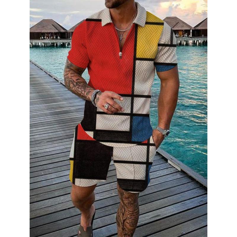 Mens Casual 3D Lion Print Half Zip Shirt And Shorts Two Piece Set