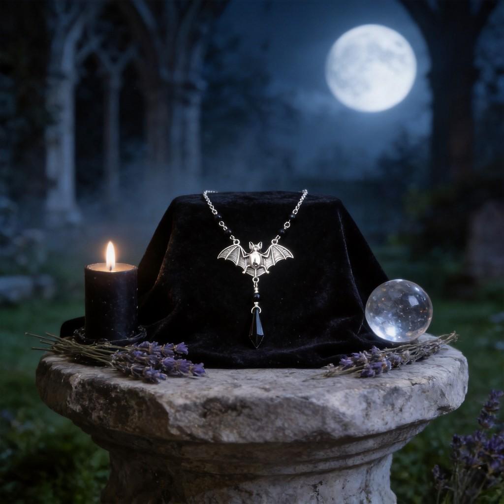Gothic Wizard Bat Pendant Necklace With Crystal Geometric Design For Women