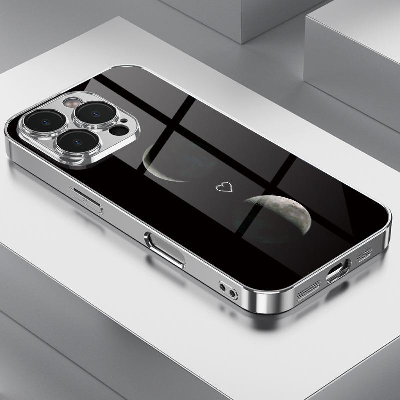 

Simple Moon Love Pattern Electroplated Silver Phone Case For Samsung Galaxy S25 S24 S23 Ultra Plus FE Tempered Glass Cover Galaxy S25 Ultra