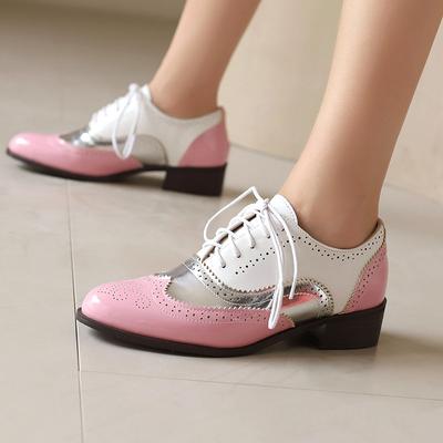 Oxfords Rouges pour Femmes Britanniques Couleur Mixte Rose Argent Talon Carré Moyen Brogues Ballerines Vintage Robe Fête Dame À Lacets Patchwork Chaussures