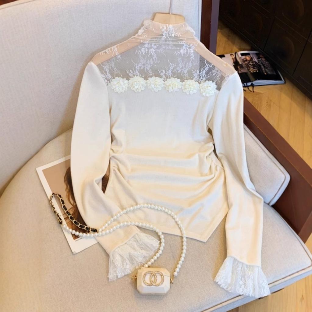 Mesh Pile Collar Three-dimensional Flower Base Shirt Korean Style Slim Long-sleeved T-shirt Top
