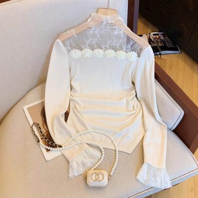Mesh Pile Collar Three-dimensional Flower Base Blouse Korean Style Slim Long-sleeved T-shirt Top
