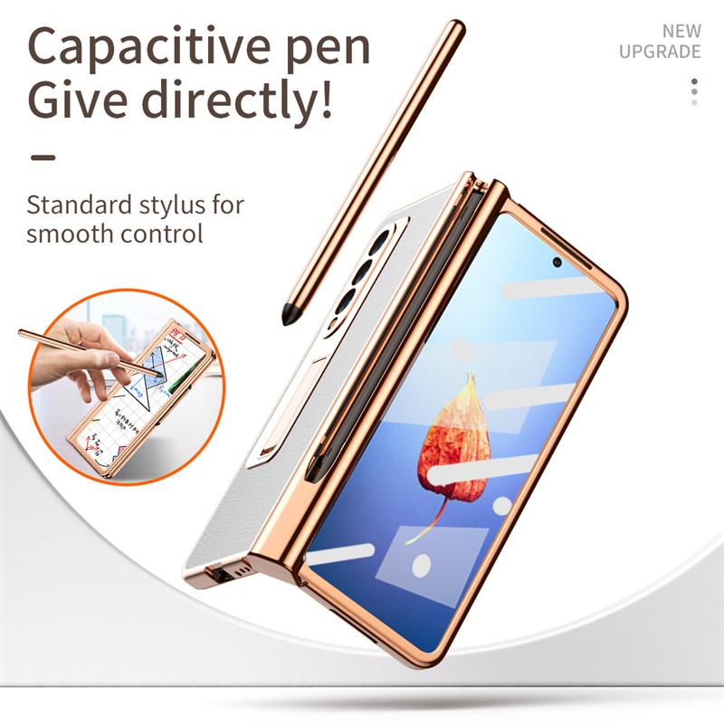 Fully Protected Electroplated PC Leather Bracket Hinge Phone Case For Samsung Galaxy Z Fold 5 4 3 2 Screen Protector With S Pen