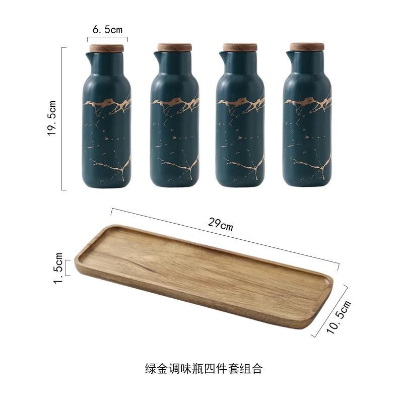 Matte Marble Pattern Ceramic Kitchen Spice Jar Oiler Set Wooden Cover Salt Shaker Spice Jar Kitchen Condiment Storage Rack Set