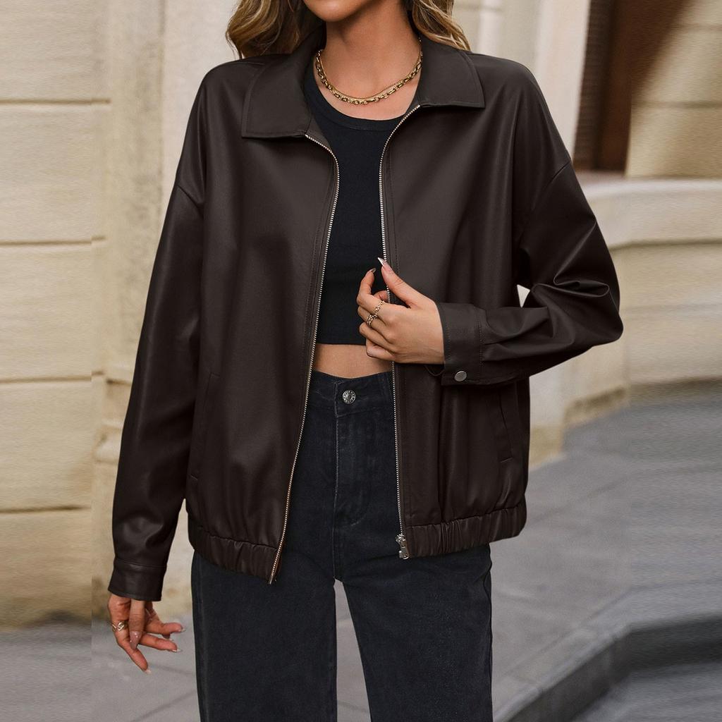Ladies Fashion Casual Solid Color Outdoor Leather Jacket Short Coat