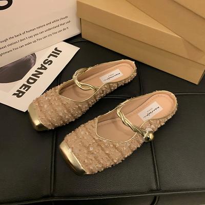 Mary Jane Sandalen mit flachem Absatz und Zehenkappe für Damen, neue Sandalen mit Paillettenstoffriemen, bequeme, tragbare Halbschuhe