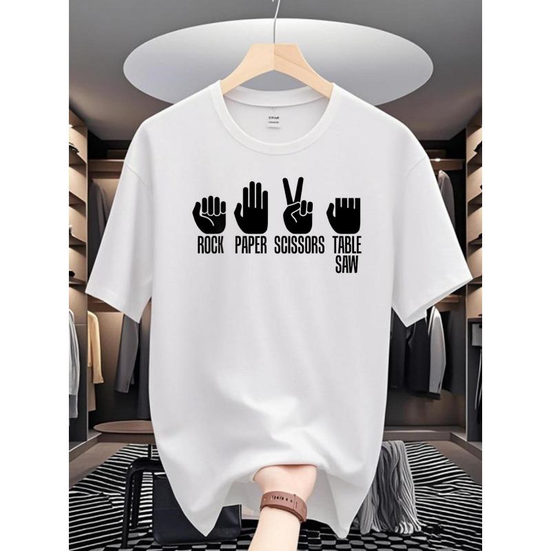 European Sizes Trendy Summer Casual Wear for Men Featuring a Crew Neck Short Sleeve Tee with a Unique Digital Print of a Rock-Paper-Scissors Table Saw