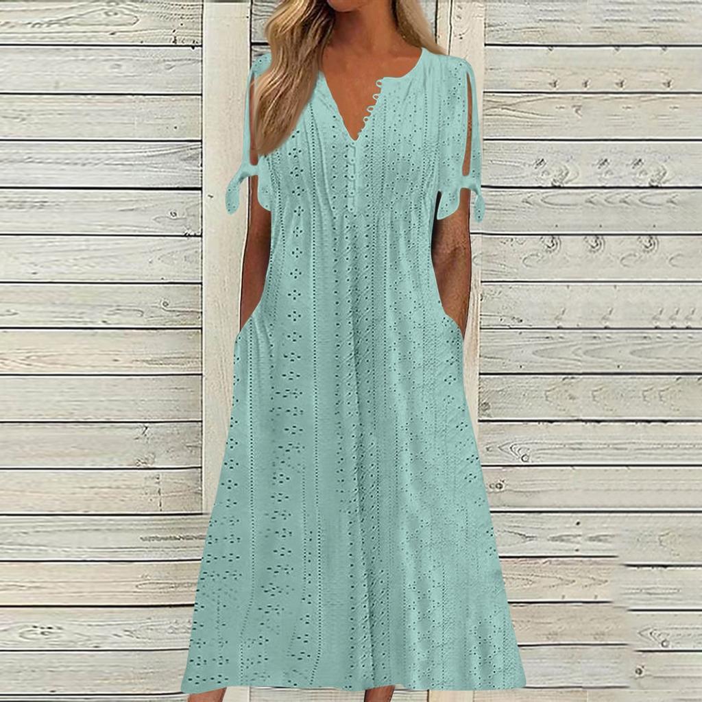 Women's Fashion Casual Color Round Neck Button Off Shoulder Short Sleeve Pocket Dress