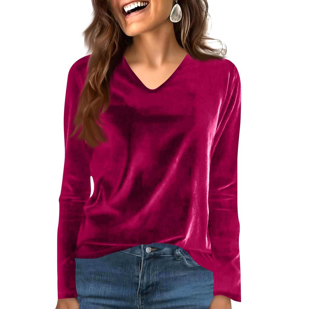 Women's Fashion Casual Velvet Solid Colour V-Neck Long-Sleeved T-Shirt Top