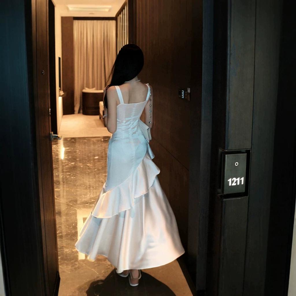 French Satin Suspender Skirt Temperament White Dress Women's New Summer Dress Elegant Irregular Fishtail Long Dress Dress