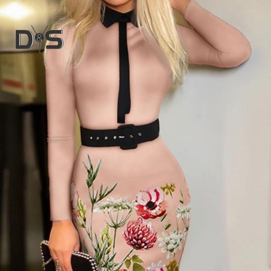 Women Slim Fit Bodycon Midi Dress Lapel Long Sleeve High Waist Plaid Print Office Lady Dress Workwear