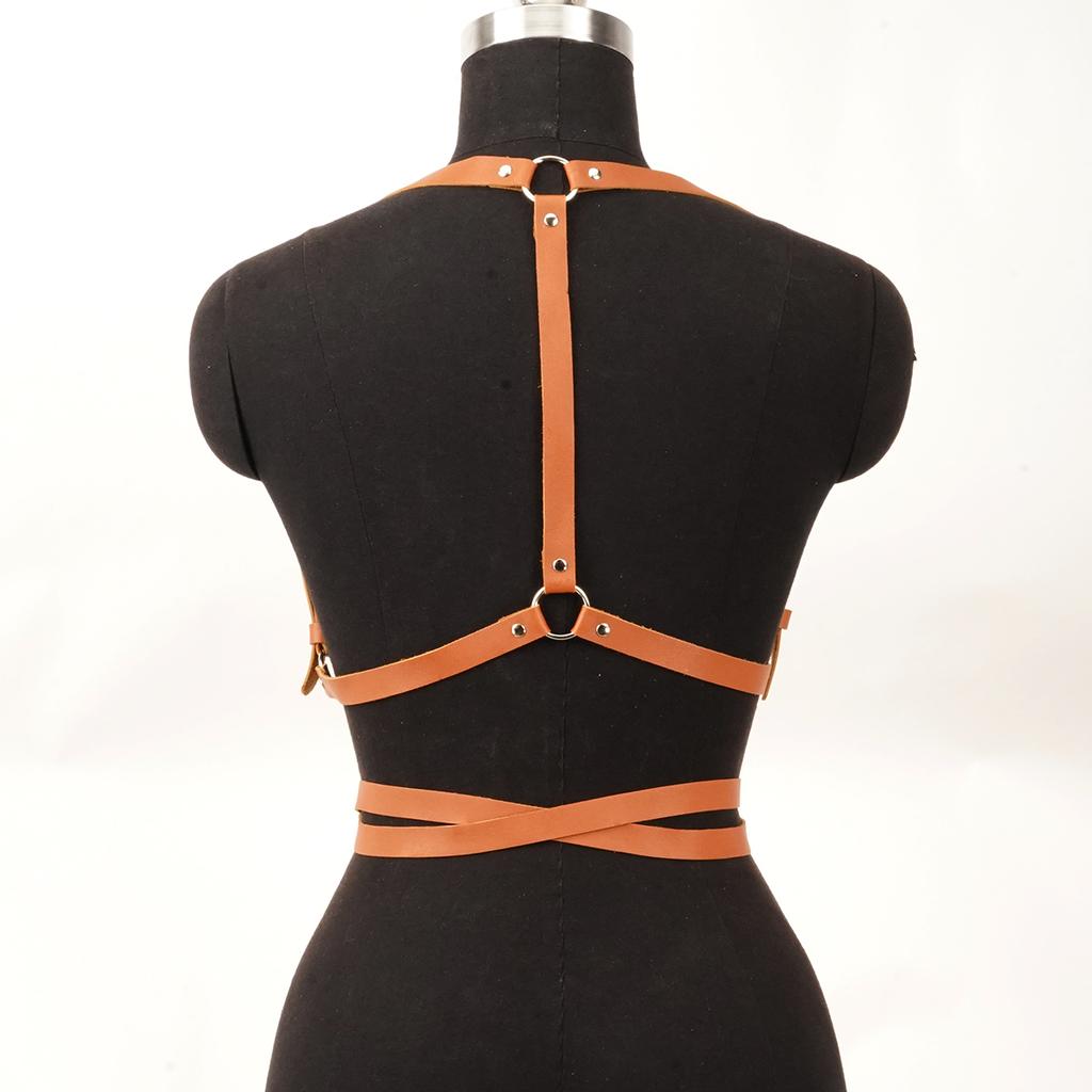 Brown Leather Harness Women Body Chest Strap – Adjustable Fashion Accessories