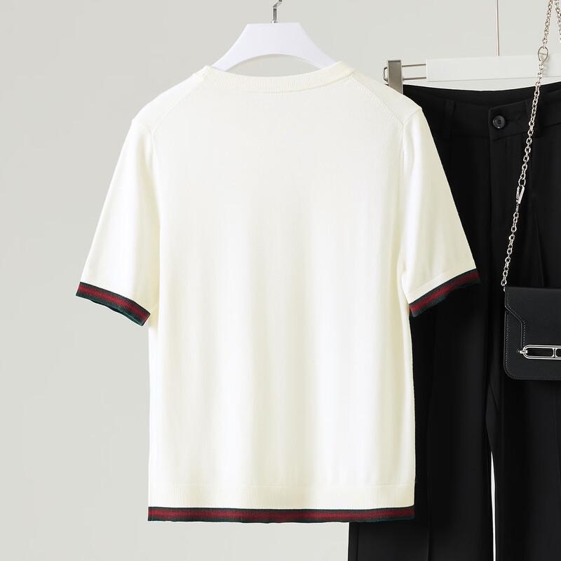 Northern Deer Silk-Wool Blend Striped Knit Short Sleeve Top L