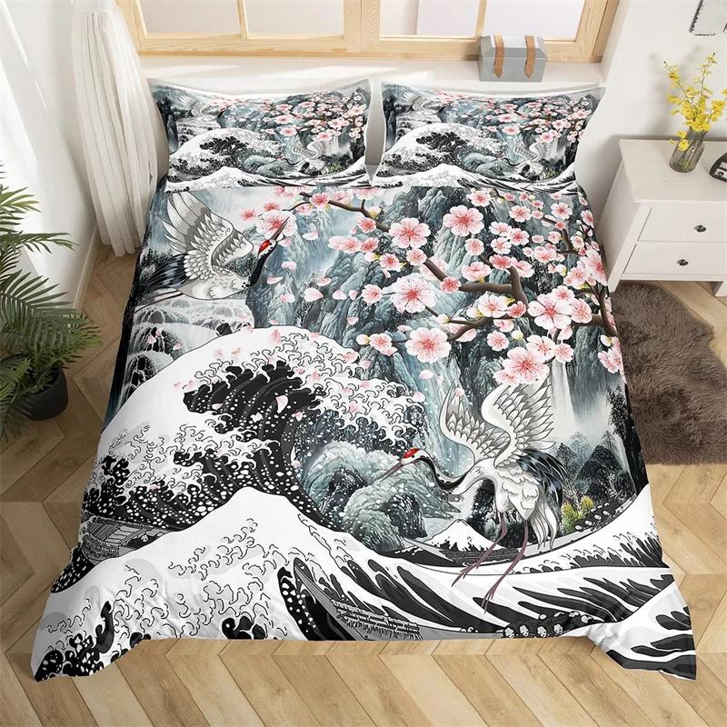 

Cherry Blossoms Bedding Set Japanese Ocean Wave Duvet Cover Microfiber Twin Queen Full King Comforter Cover Set for Boys Girls EU Single(135*200cm)3pcs