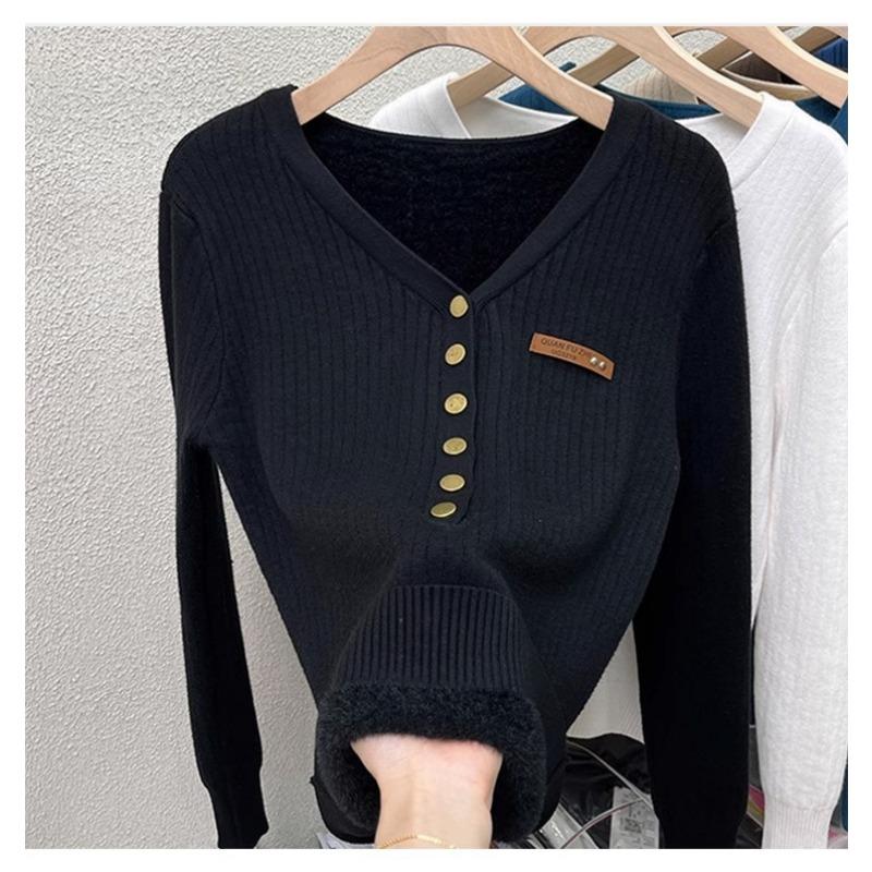 Women's Integrated Velvet V-neck Sweater for Autumn and Winter with Plush and Thickened Slim Knitted Base Sweater