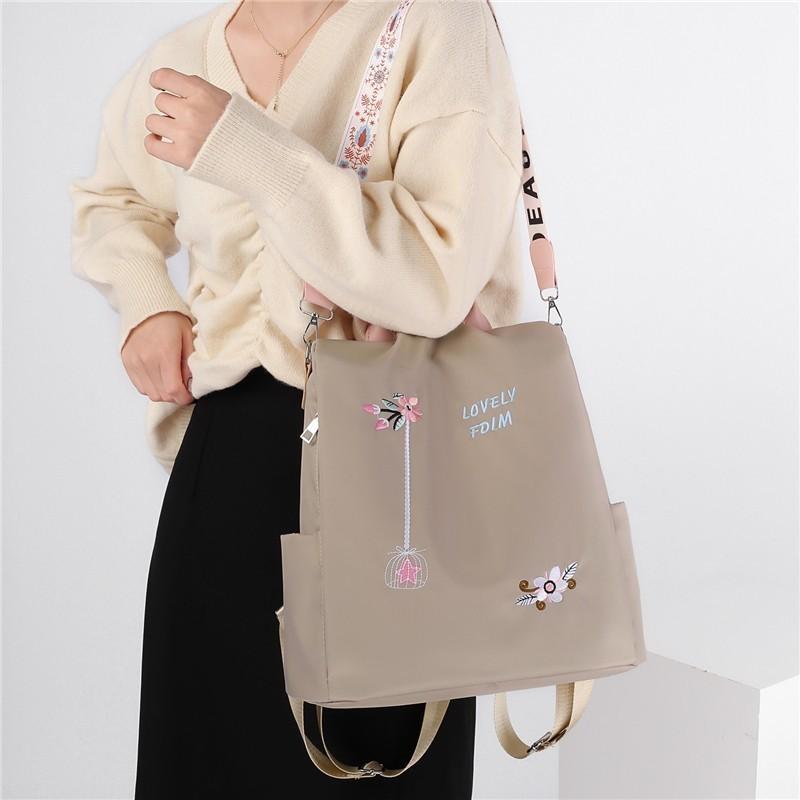 Floral Embroidered Double Backpack Large Capacity Women's Bag Oxford Fabric Blue Black Khaki