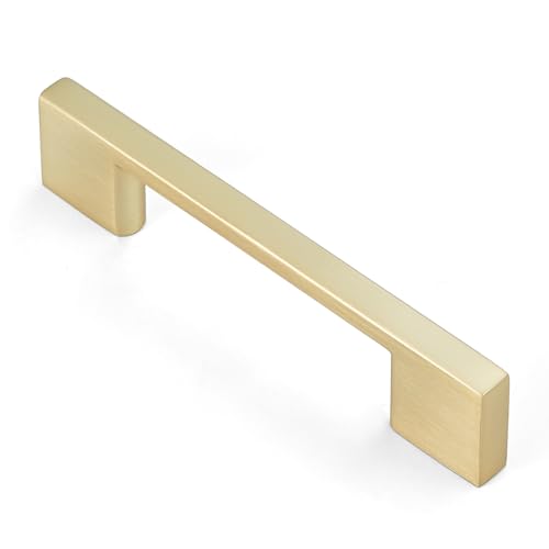 Pack of 10 Brushed Brass Gold 3-Inch Square Cabinet Pulls Solid Metal Drawer Handles for Kitchen Cupboards Dressers Vanities with Smooth Polished Edg