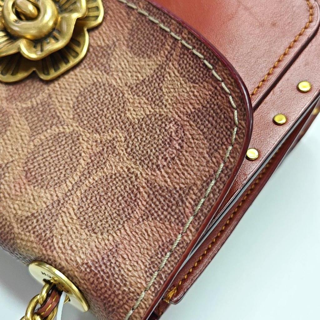 [Gebraucht] Parker 18 Nieten Kamelienblüten-Ketten-Klappen-Umhängetasche Beschichtetes Canvas und Kalbsleder Crossbody-Tasche Klein - Sehr Gut #JWTC6