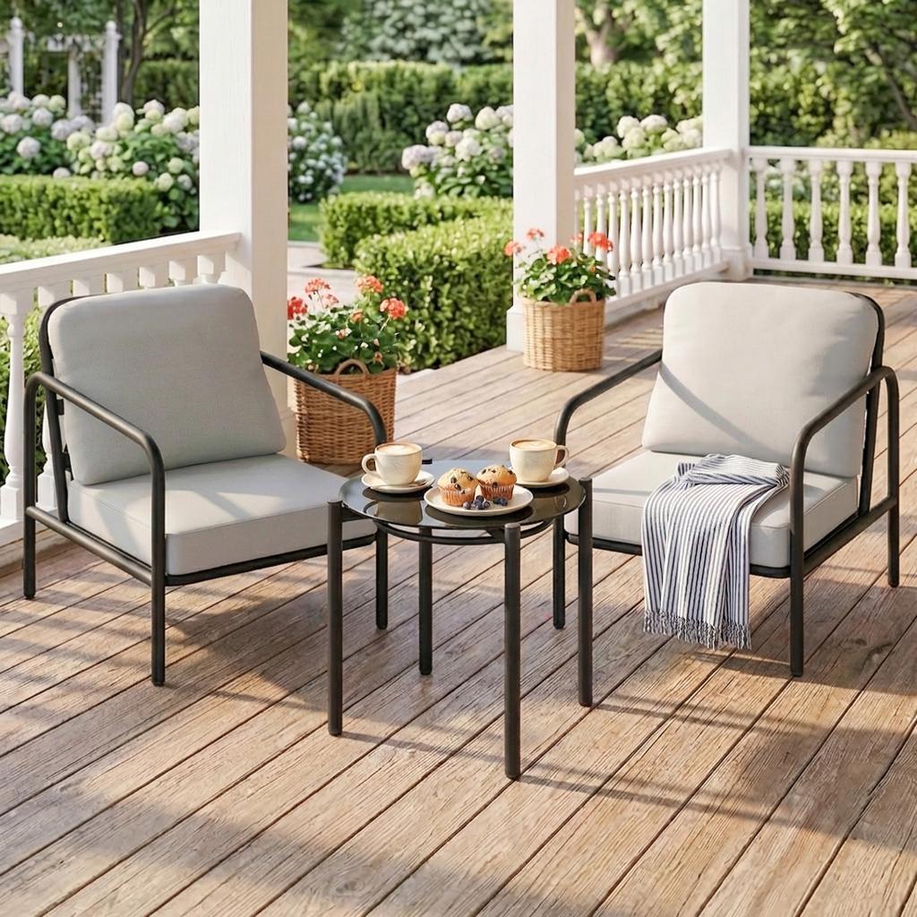 3 Piece Bistro Set In Steel With 2 Chairs With Thick Cushions Side Table With Black Tempered Glass Top