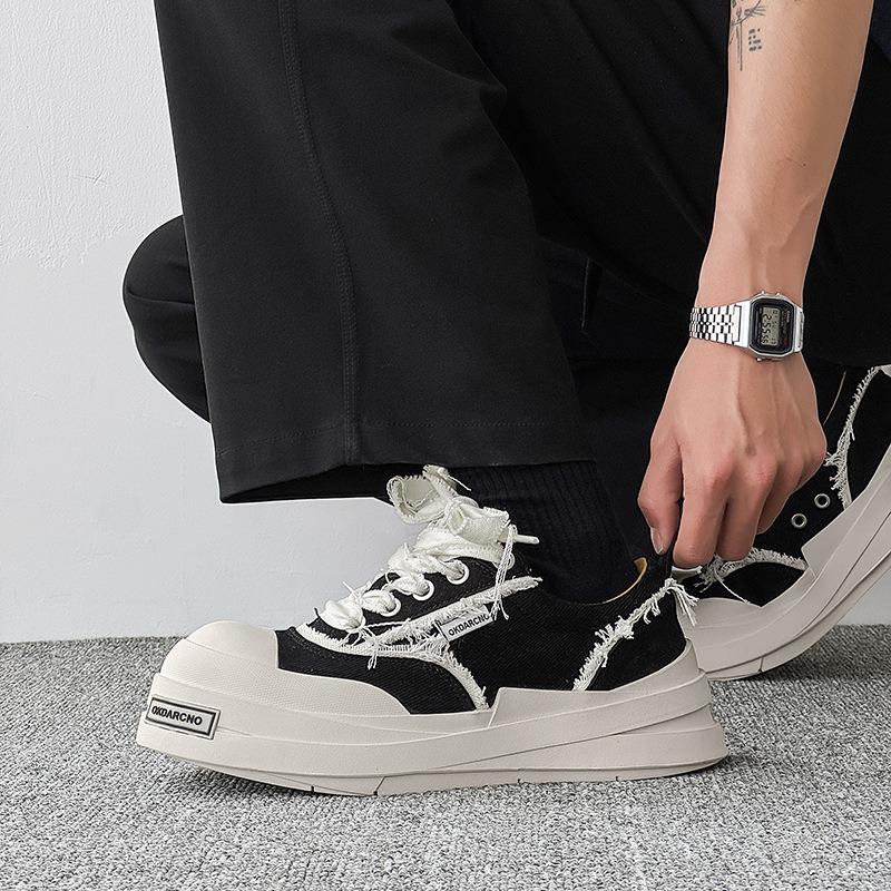 2518 Bandage Canvas Shoes Black and White Couple Big Head Shoes Guochao Platform Men's Shoes Trend Versatile Heightening Board Shoes