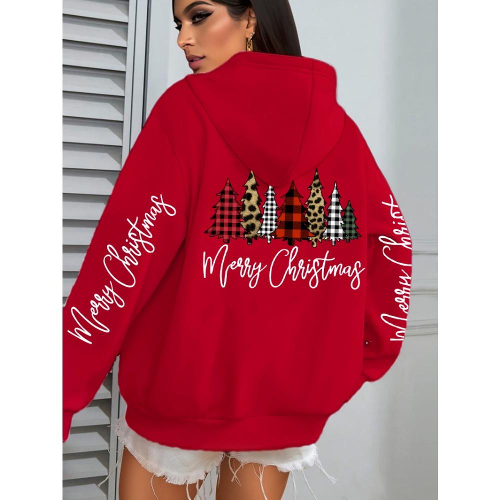 Merry Christmas Leopard Plaid Trees Prints Women Hoodies Loose Hoody All-Match Pocket Pullovers Autumn Hip Hop Streetwear