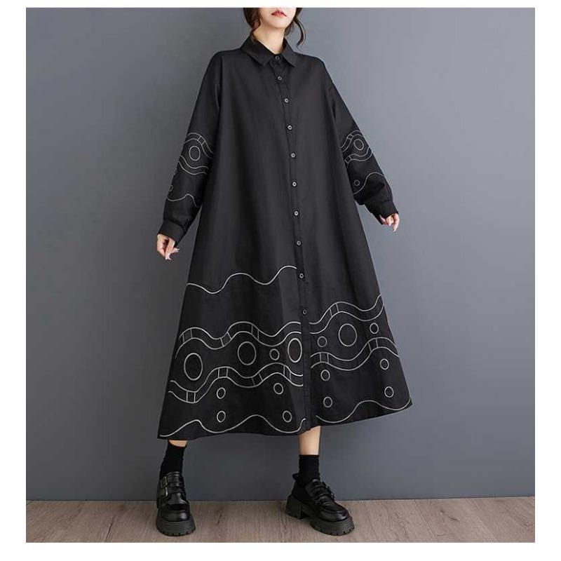 Lösa Plus Size Splicing Casual Enkla Broderier Söta Långärmade Klänningar